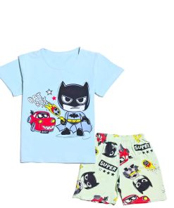 Bat Boy With Car Tee & Short - Sky Blue