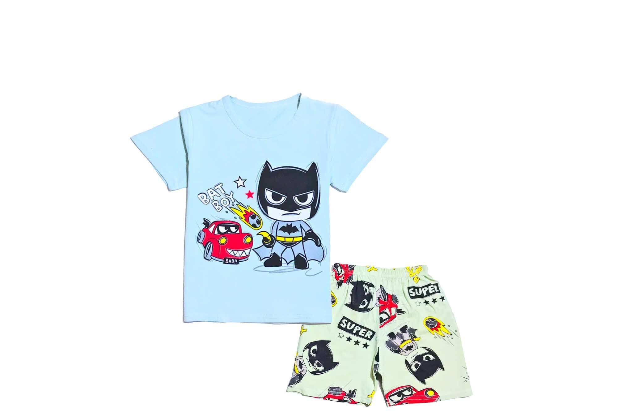 Bat Boy With Car Tee & Short - Sky Blue