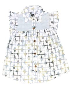Geometric Print Collar Neck Frock - White & Brown