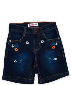 Orange flowers Denim Shorts - Navy Blue