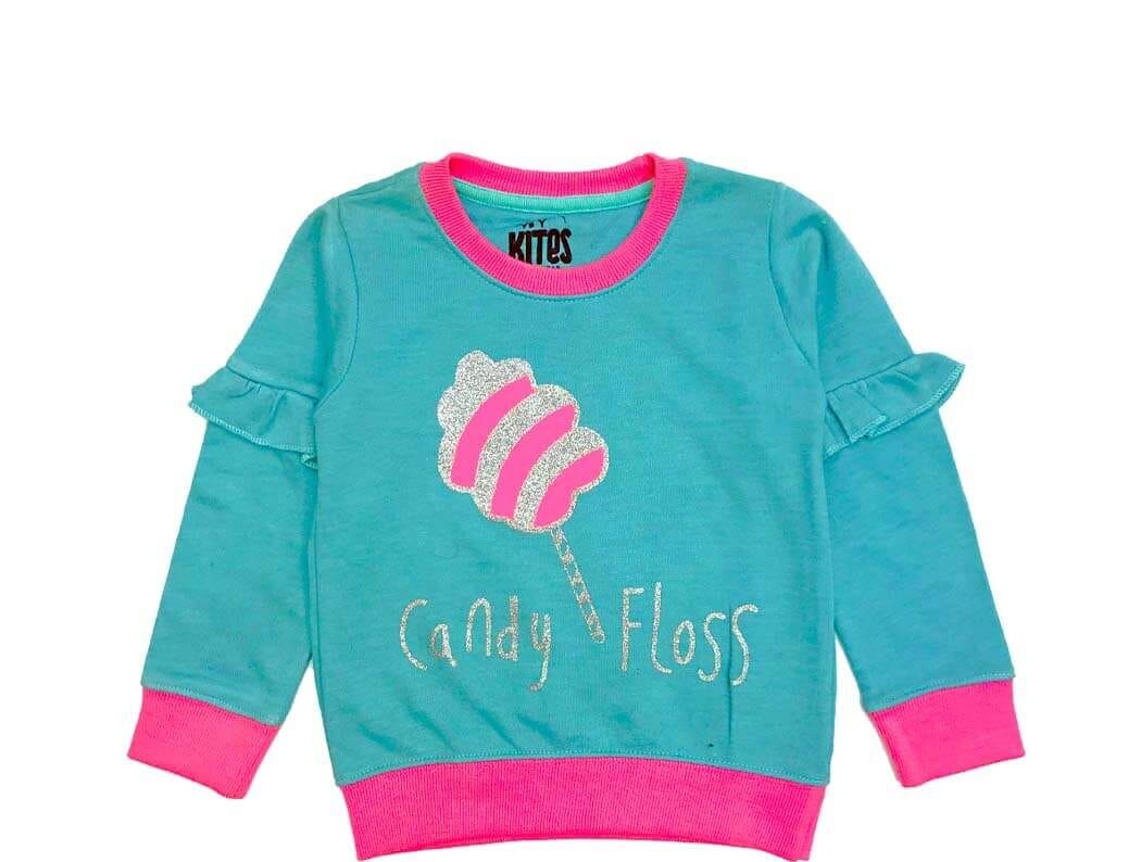 Candy Floss Frill Sleeves Terry Sweatshirt - Sea Green