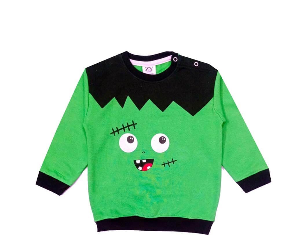 Rolling Eyes Crazy Face Light Fleece Sweatshirt - Green & Black