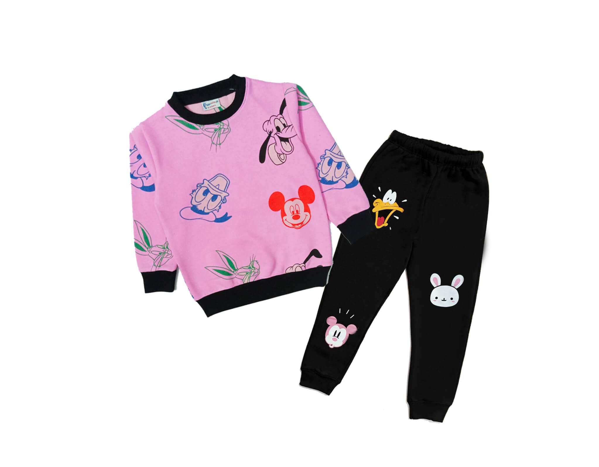 Mickey With Snoopy & Bunny Fleece Tracksuit - Pink & Black
