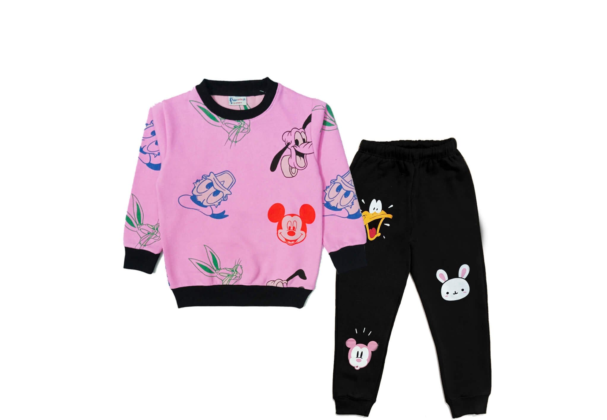 Mickey With Snoopy & Bunny Fleece Tracksuit - Pink & Black