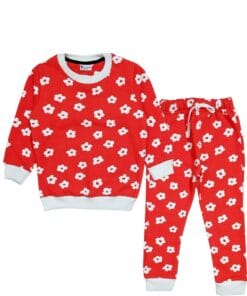 White Flowers Fleece Tracksuit - Red