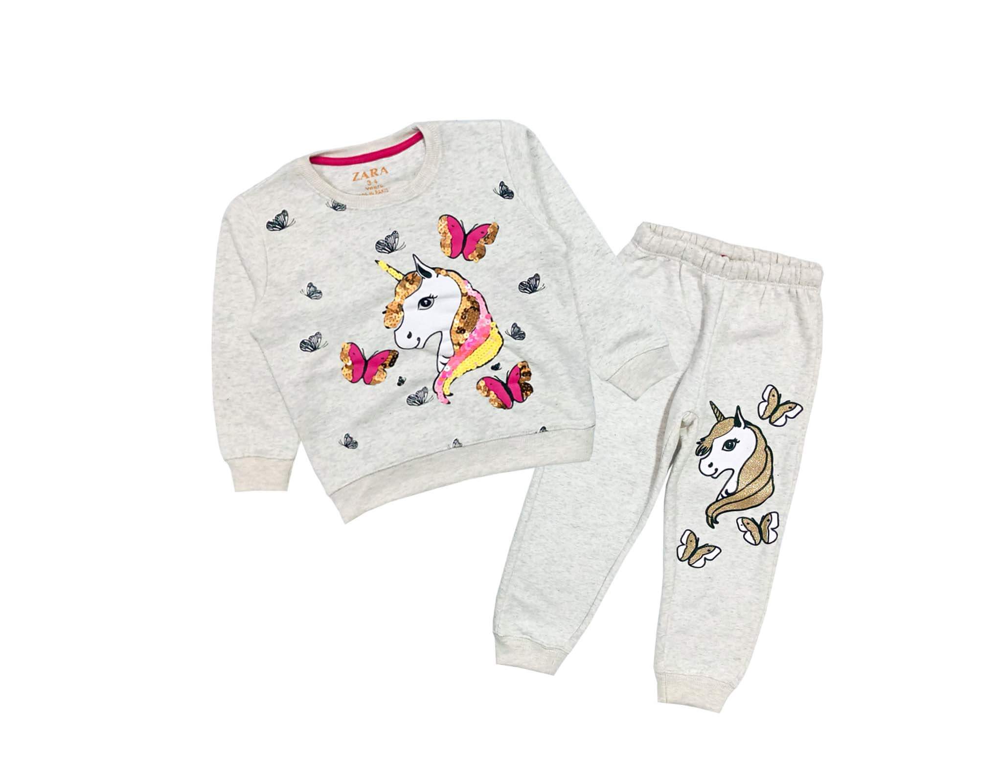 Pink Butterfly With Sequence Unicorn Fleece Tracksuit - Gray 1