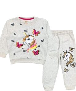 Pink Butterfly With Sequence Unicorn Fleece Tracksuit - Gray