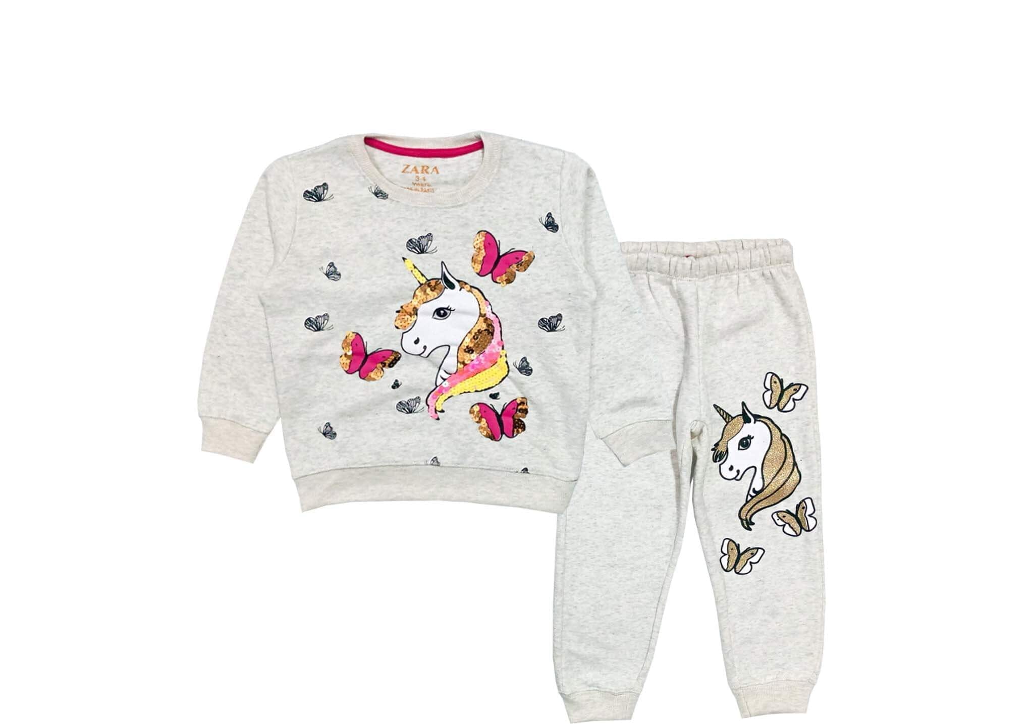 Pink Butterfly With Sequence Unicorn Fleece Tracksuit - Gray