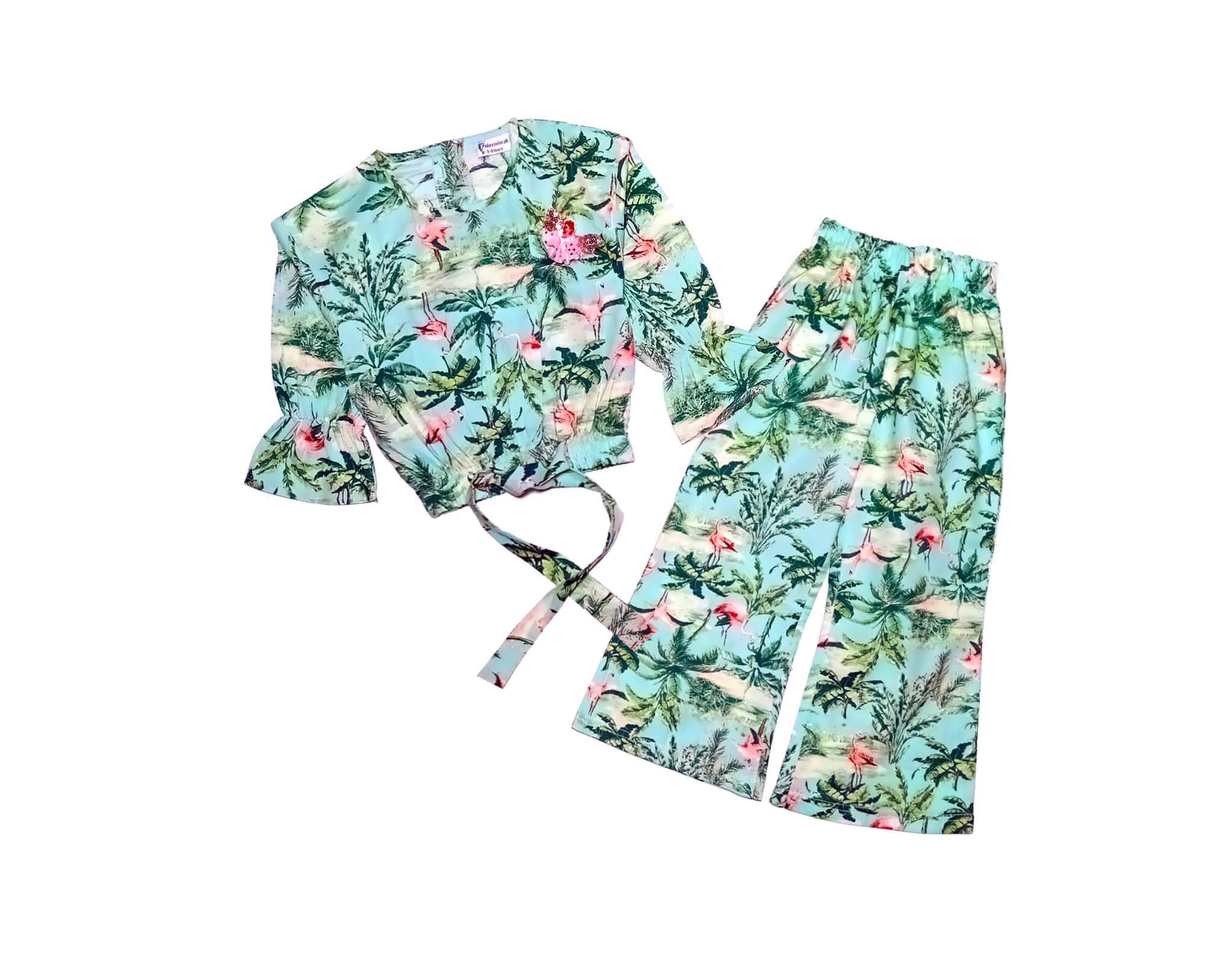 Beach Tree Woven Short Top with Bell Bottom Trouser - Sea Green 1