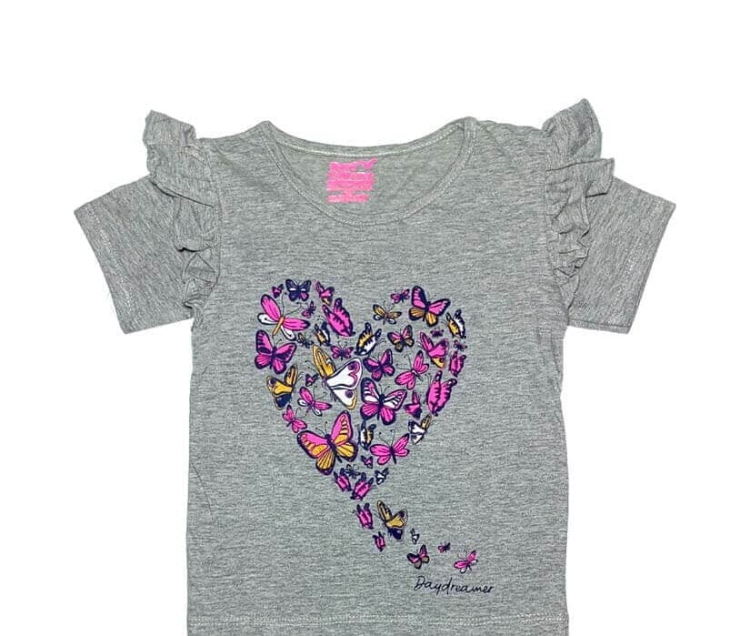 Butterflies Heart Frill Tee Shirt - Gray