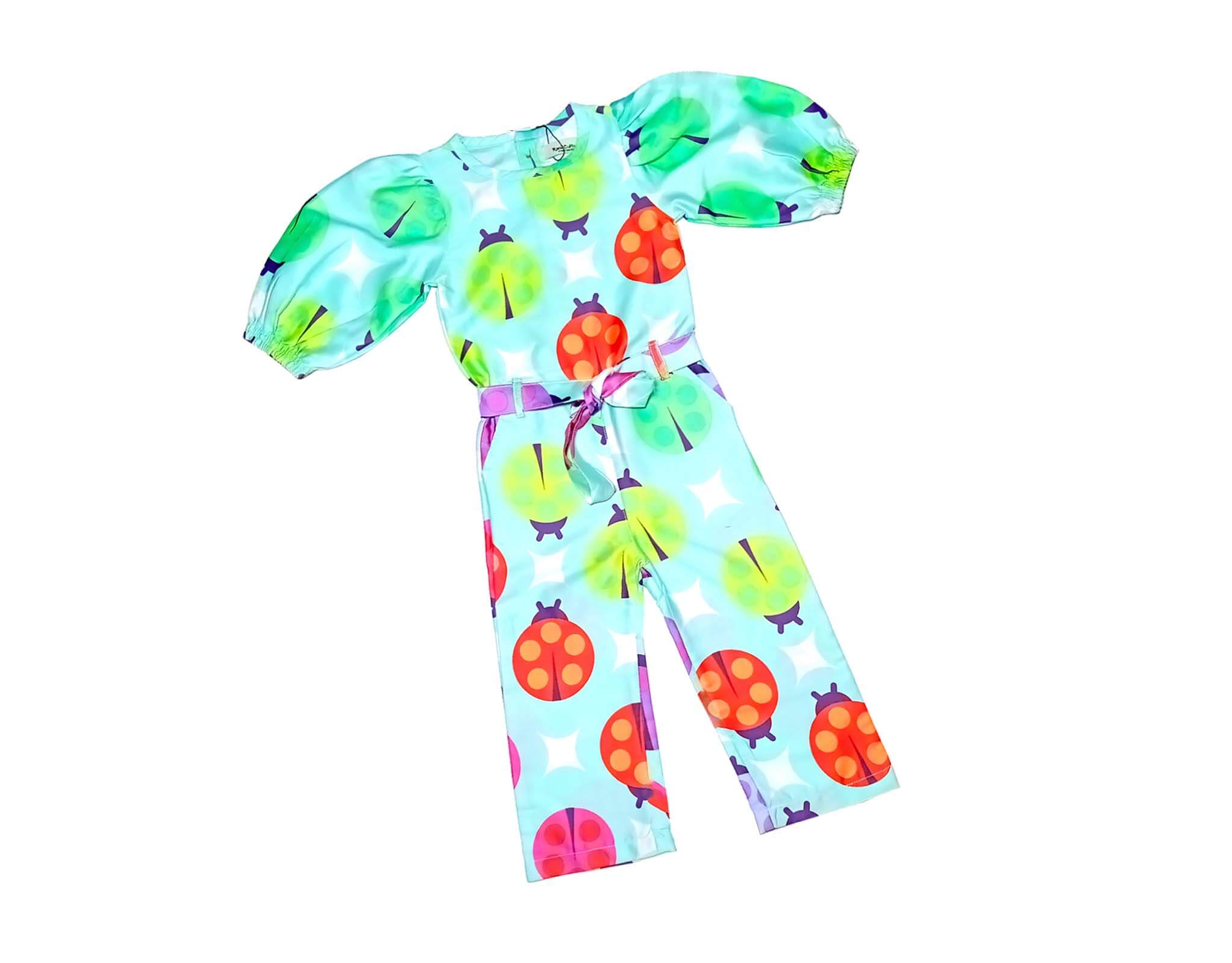 Colorful Bugs Puff Sleeves Jumpsuits - Aqua 1