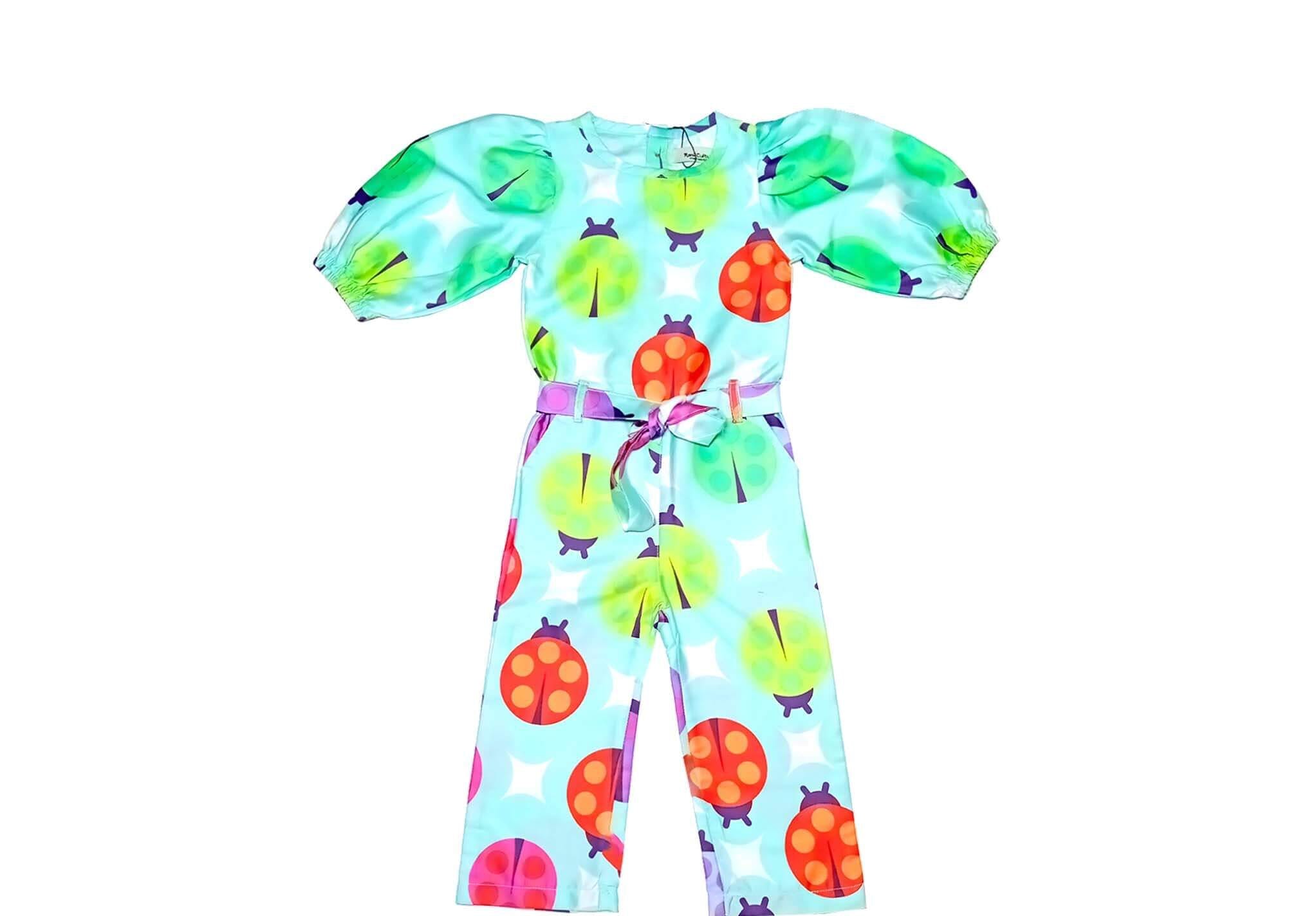 Colorful Bugs Puff Sleeves Jumpsuits - Aqua
