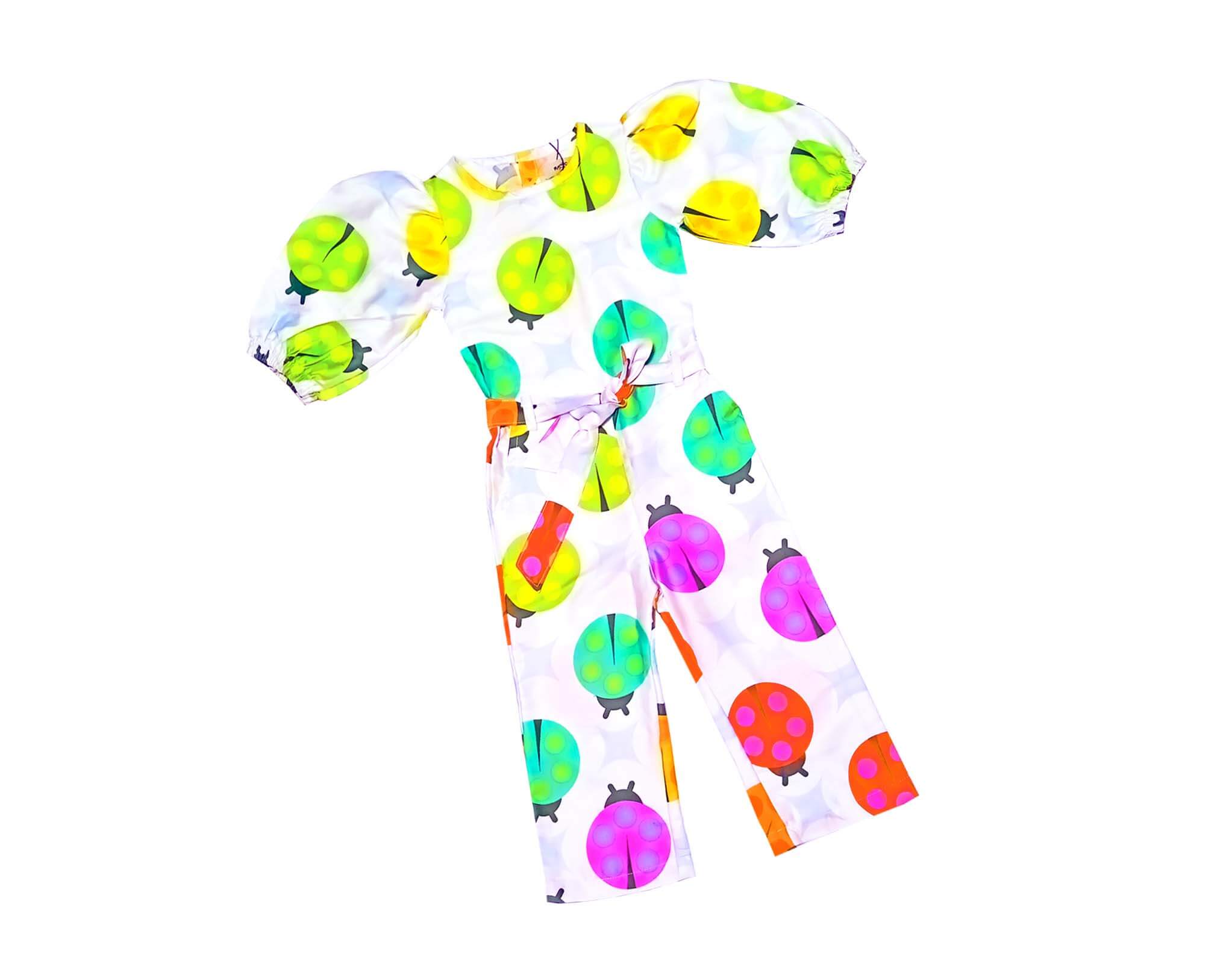 Colorful Bugs Puff Sleeves Jumpsuits - White 1