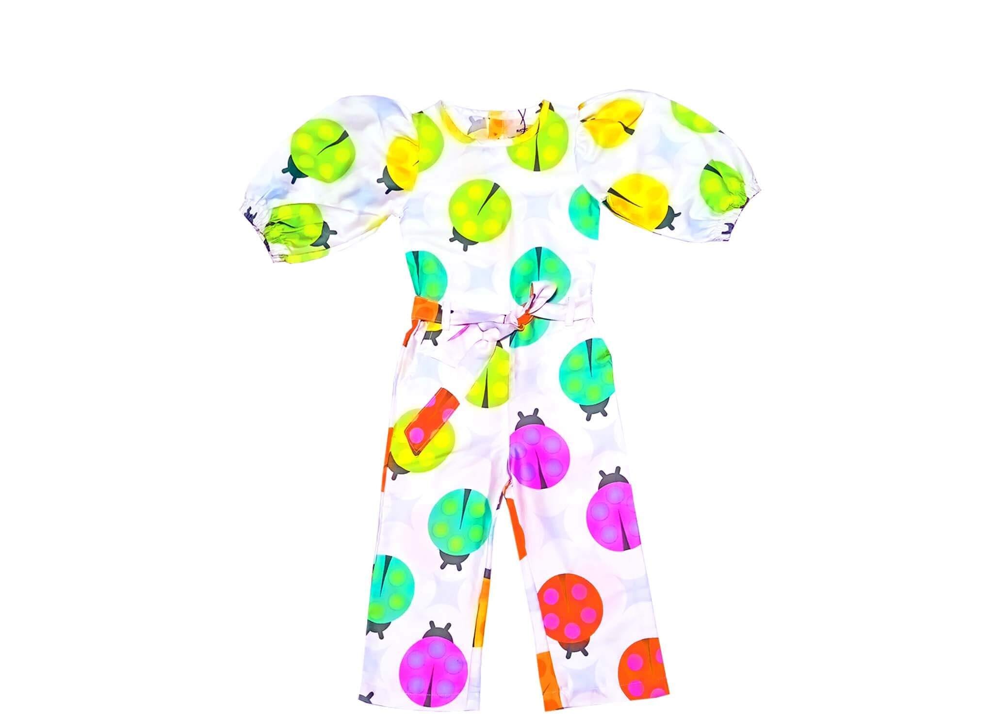 Colorful Bugs Puff Sleeves Jumpsuits - White
