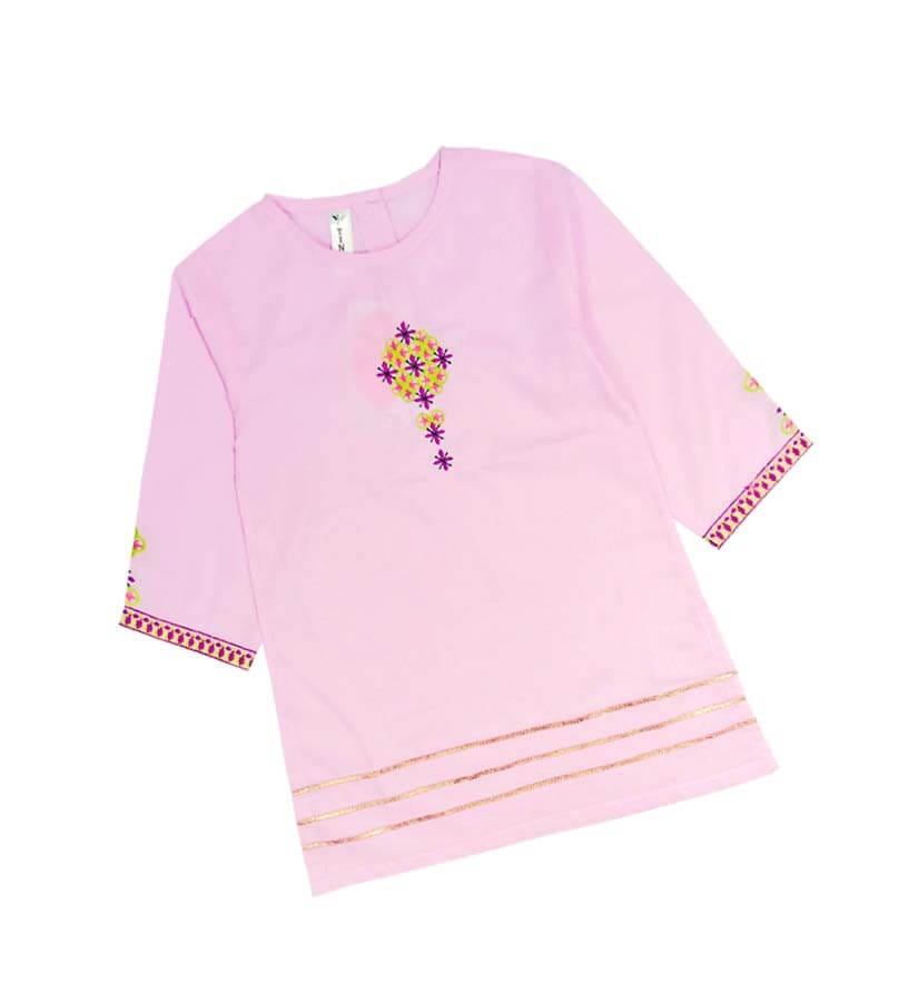 Cotton Embroidered Kurti With Gotta Work - Baby Pink 1