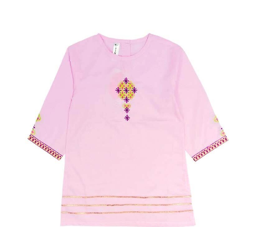 Cotton Embroidered Kurti With Gotta Work - Baby Pink