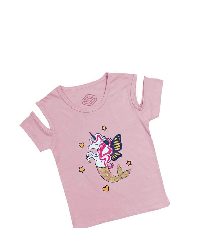 Fish Unicorn Sequence Shoulder Cutt Tee Shirt - Tea Pink 1
