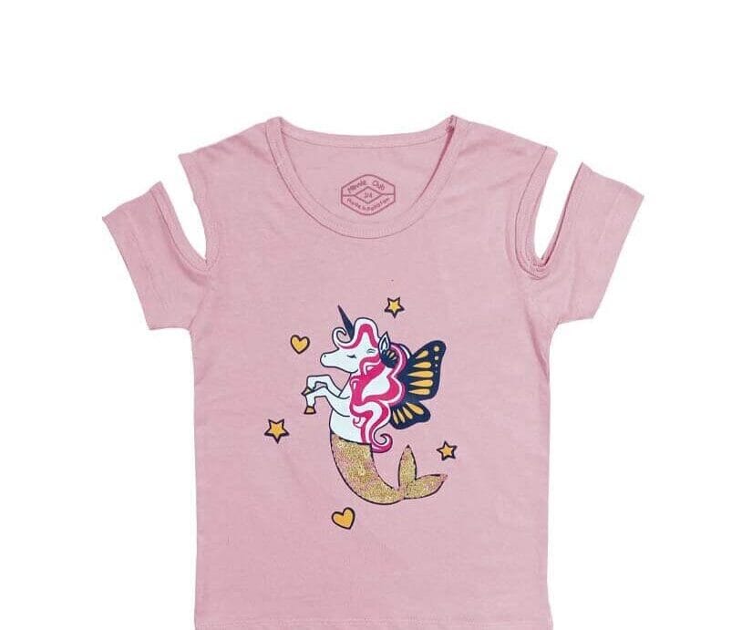 Fish Unicorn Sequence Shoulder Cutt Tee Shirt - Tea Pink