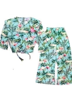 Beach Tree Woven Short Top with Bell Bottom Trouser - Sea Green