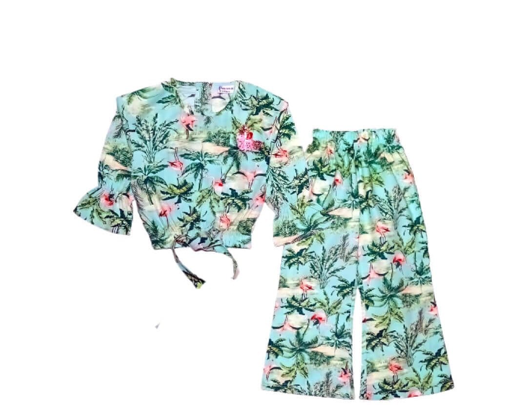 Beach Tree Woven Short Top with Bell Bottom Trouser - Sea Green