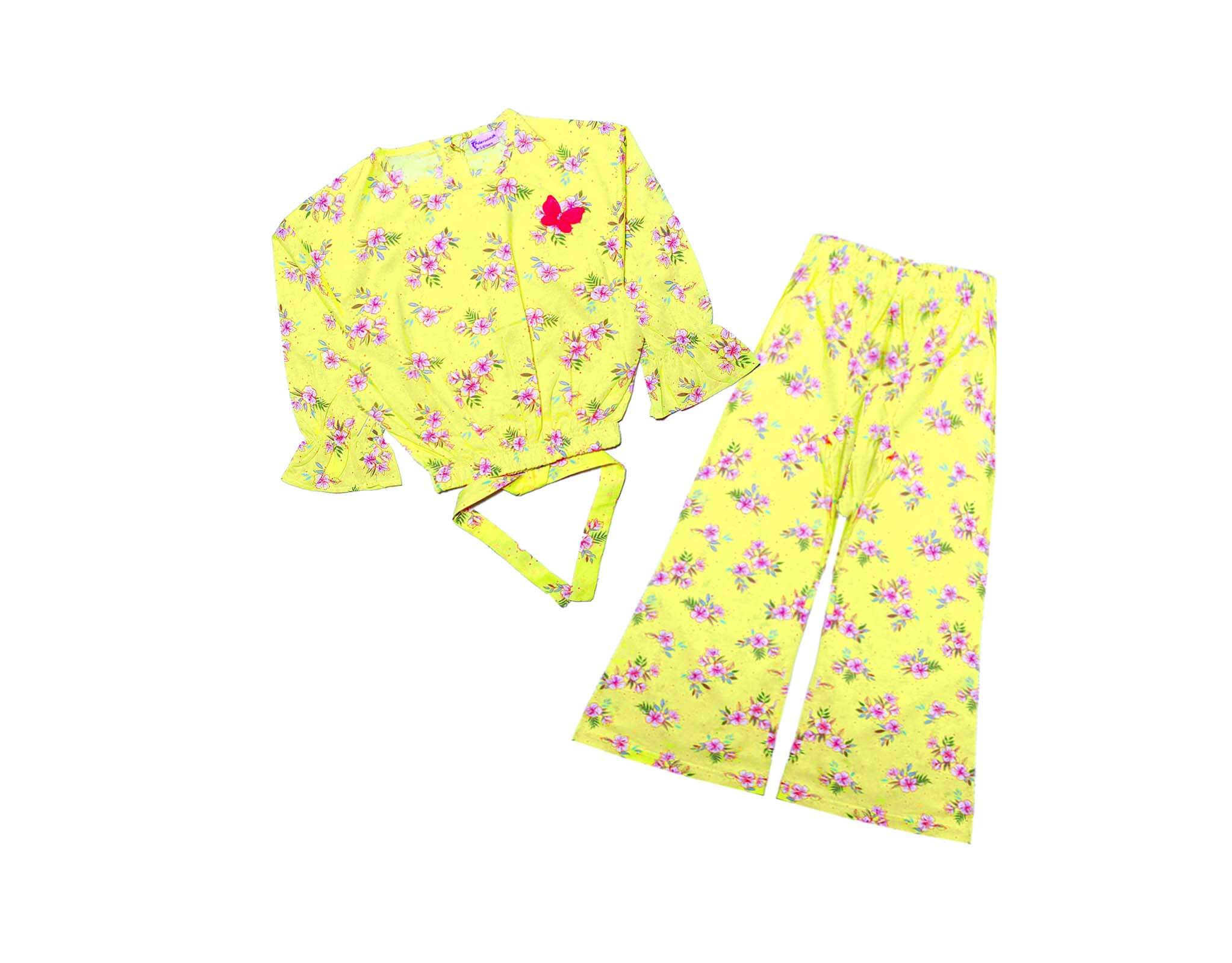 Jasmine Florals Woven Short Top with Bell Bottom Trouser - Lime Yellow 1