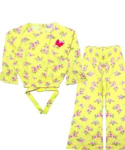 Jasmine Florals Woven Short Top with Bell Bottom Trouser - Lime Yellow