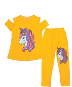 Sequence Multi Color Hairs Unicorn Tee with Trouser - Mustard