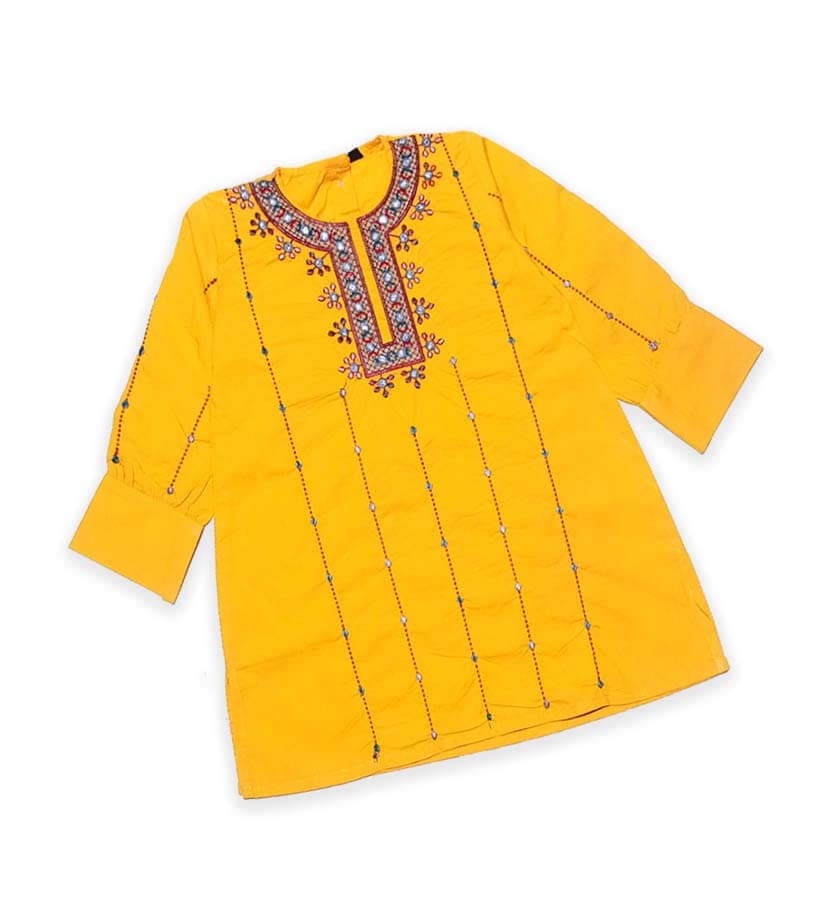 Spring Blossoms Cotton Kurti - Mustard Yellow 1
