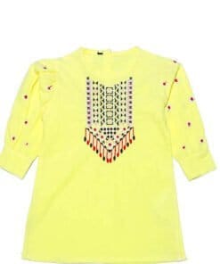 Unique Embroidary Gather Sleeves Kurti - Lemon