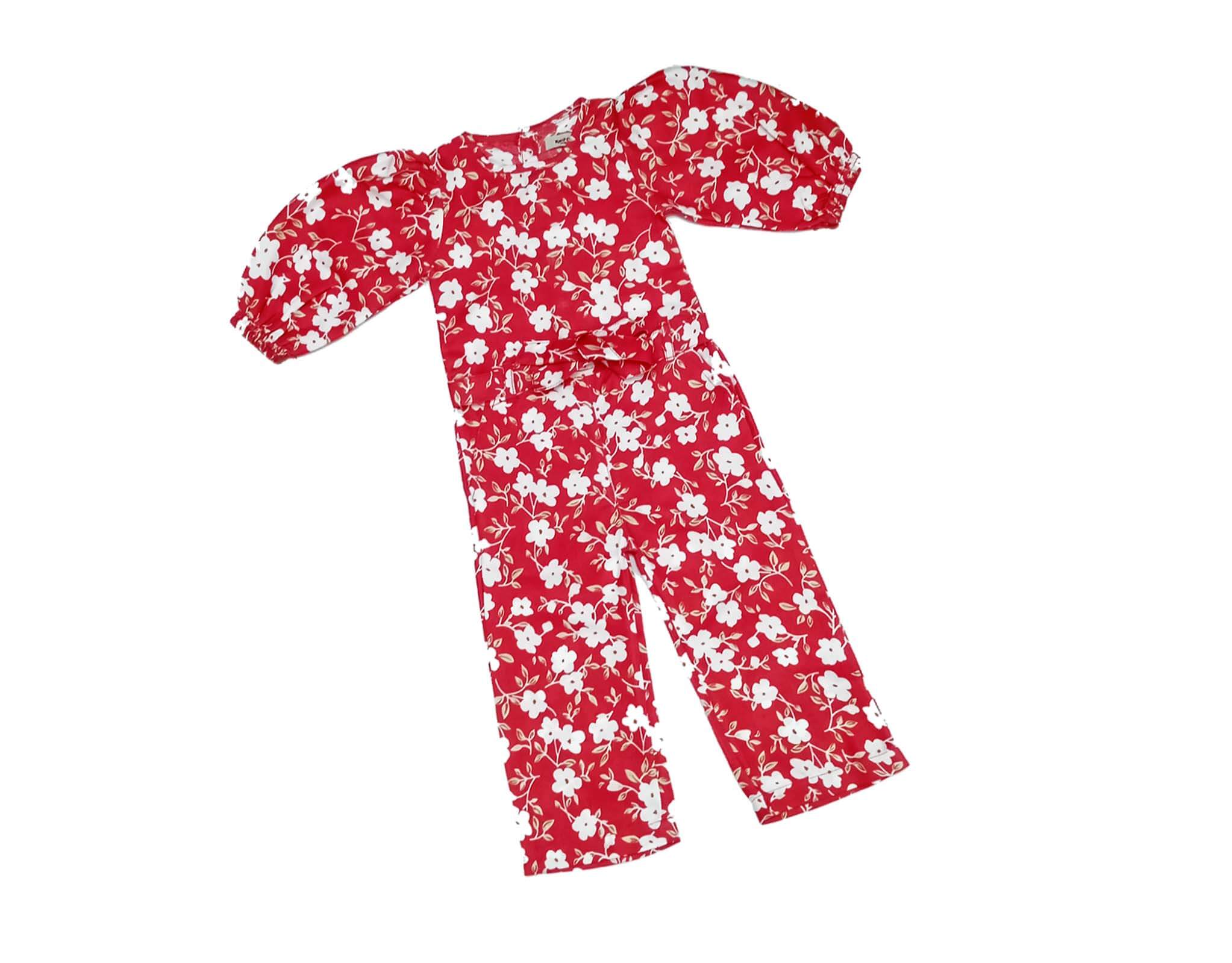 White Flowers Puff Sleeves Jumpsuits - Red 1