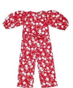 White Flowers Puff Sleeves Jumpsuits - Red