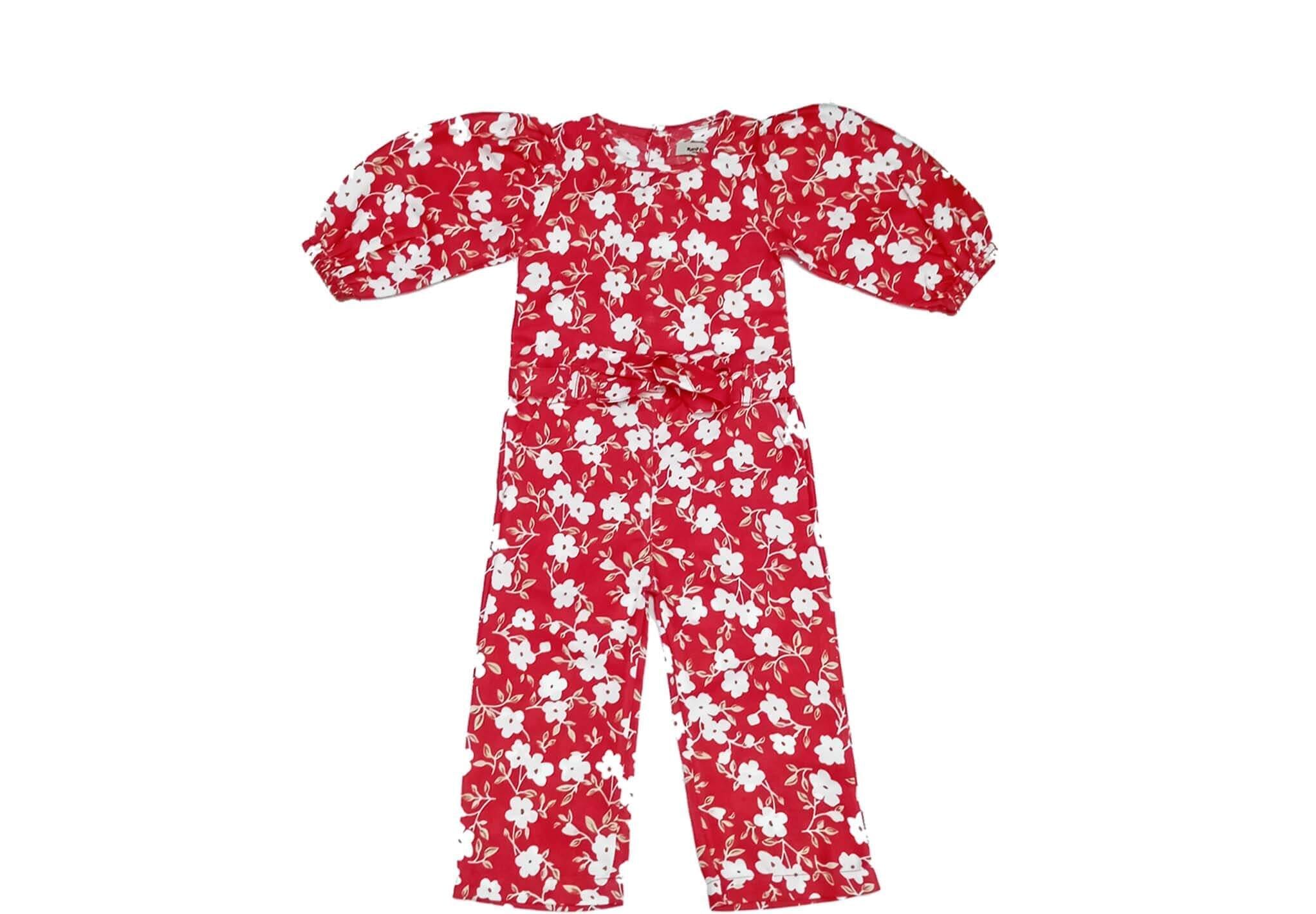 White Flowers Puff Sleeves Jumpsuits - Red