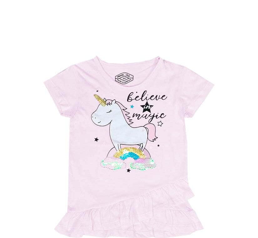 Believe In Magic Sequence Unicorn Tee Shirt - Baby Pink