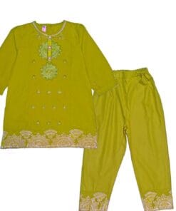 Contrast Embroidered & Tella Cotton Kameez & Trouser - Olive Green