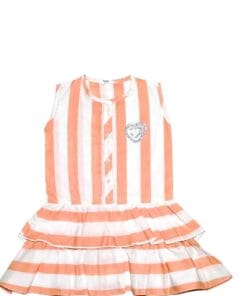 Double Frill Peach Stripe Cotton Frock - White