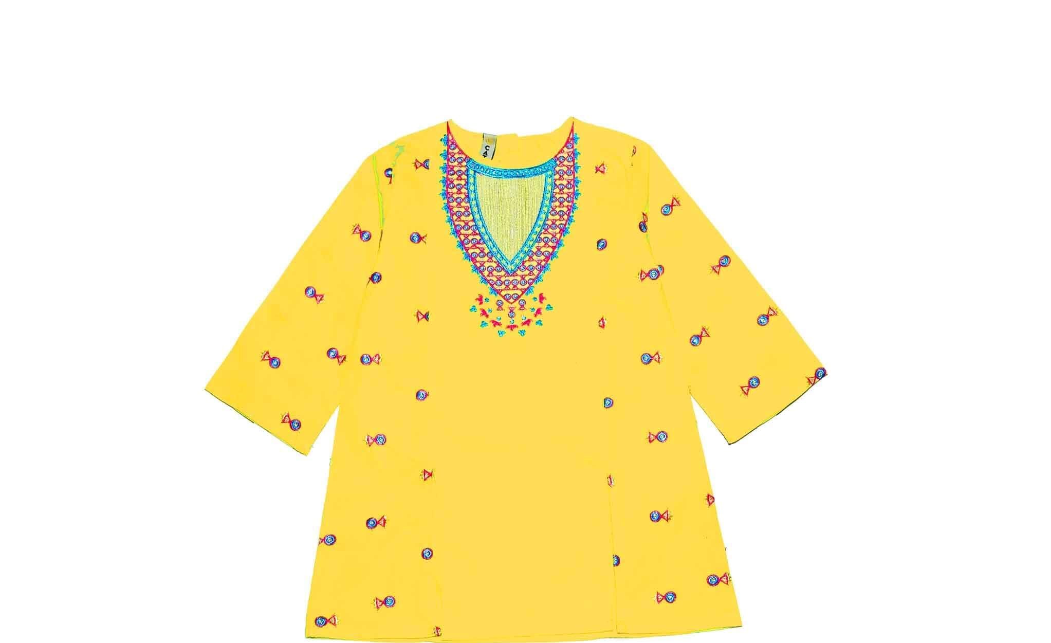 Front Cut Embroiderd Stylish Kurti - Yellow