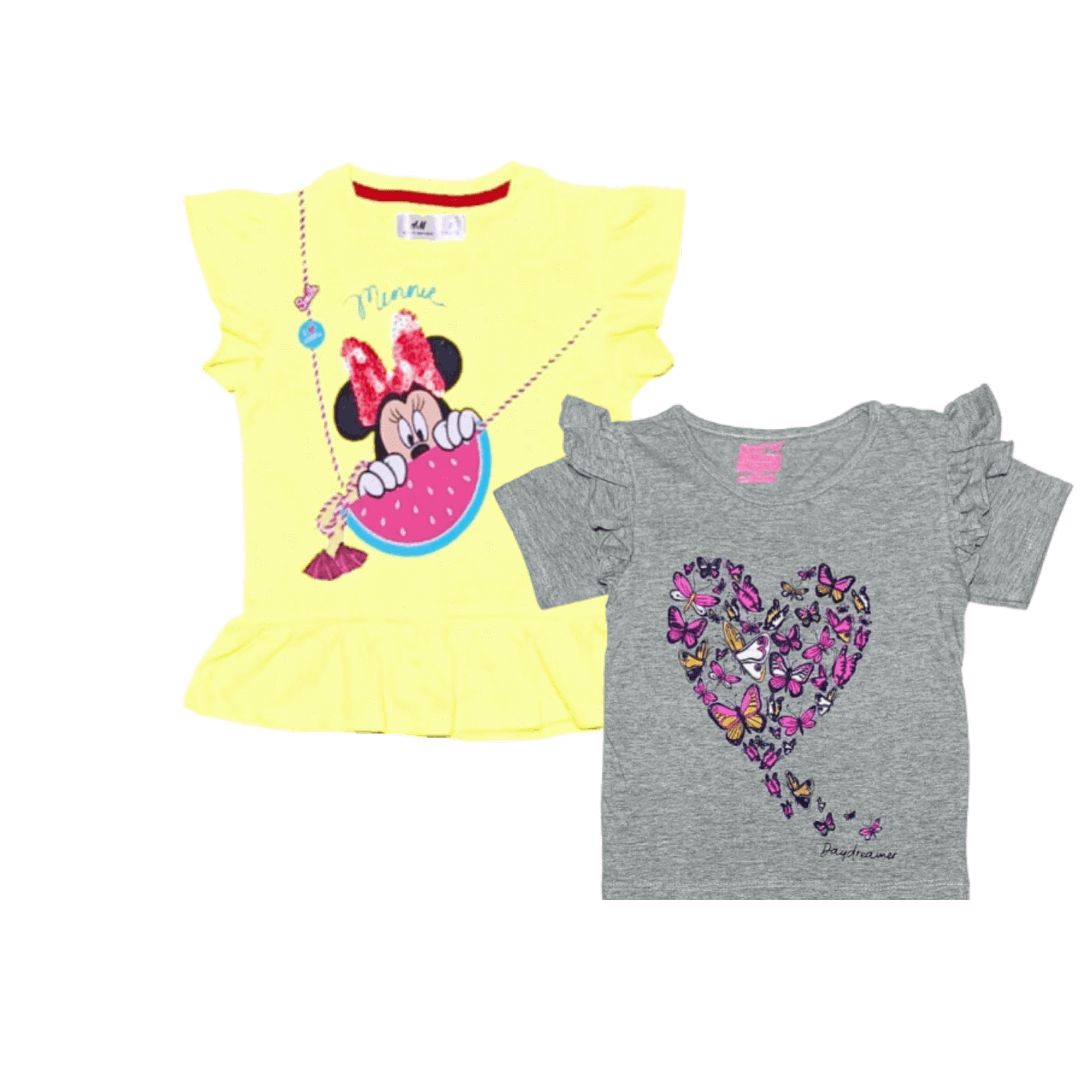 Minnie Eat Watermelon Sequence Tee Shirt – Yellow & Butterflies Heart Frill Tee Shirt – Gray
