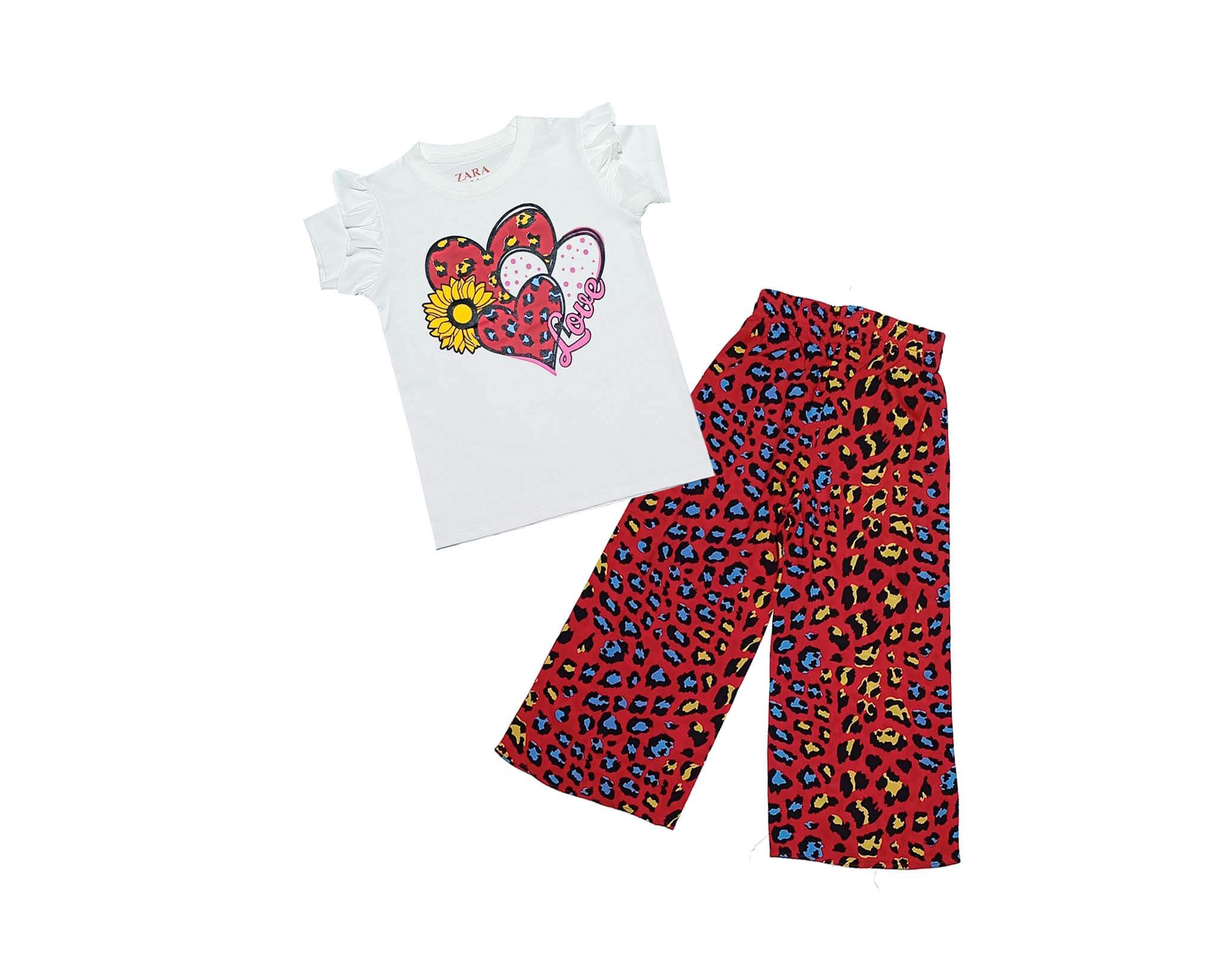 Love Heart & Sunflower Tee with Plazzo - White - Red 1