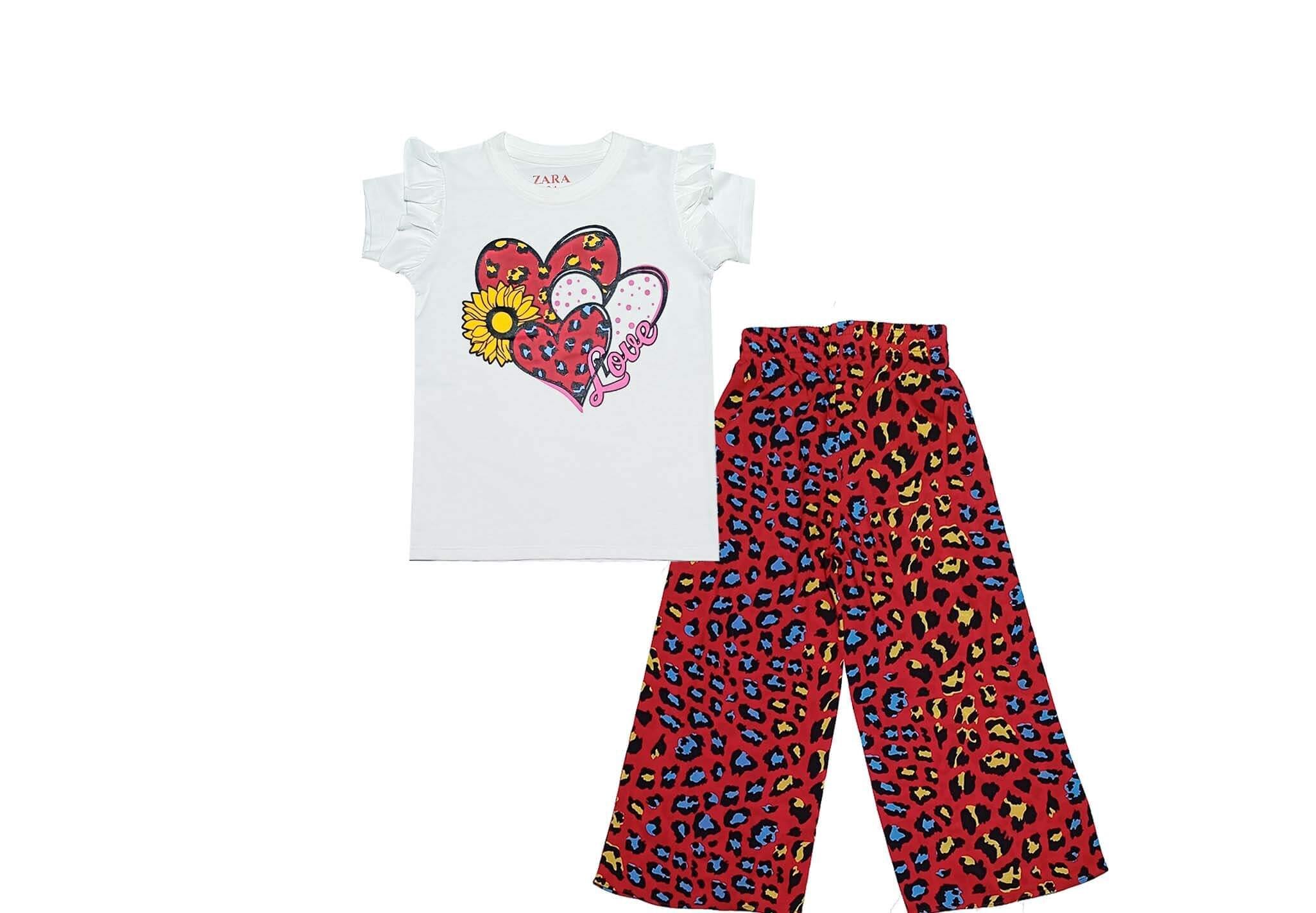 Love Heart & Sunflower Tee with Plazzo - White - Red