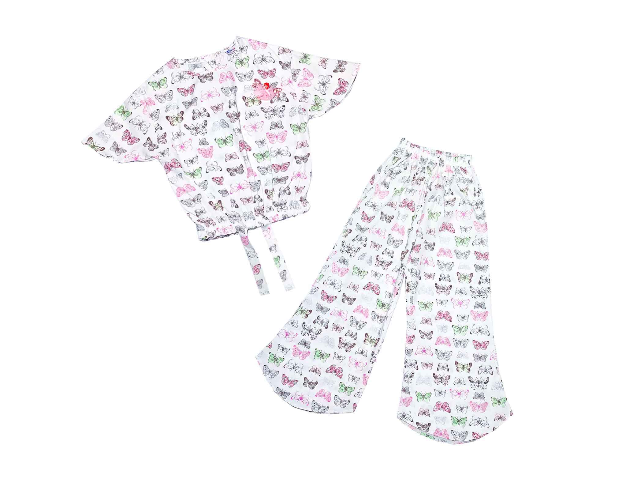 Multi Butterflies Cotton Short Top with Bell Bottom Trouser - White 1