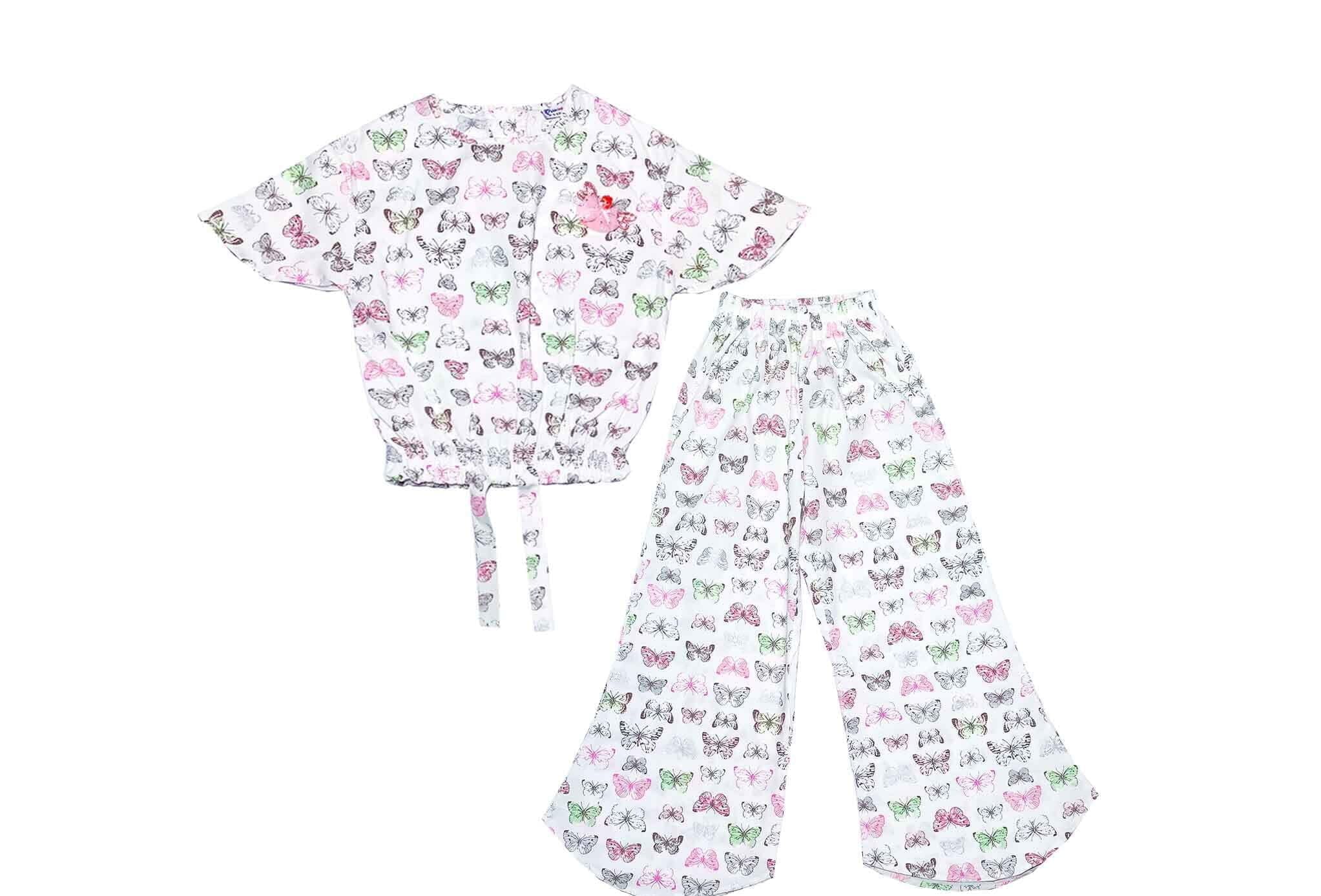 Multi Butterflies Cotton Short Top with Bell Bottom Trouser - White