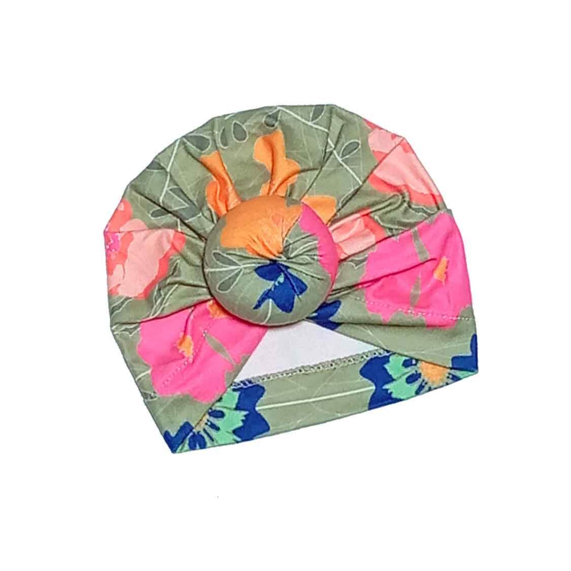 Multi Colours Flowers Cotton Turban Cap - Pista Green 1