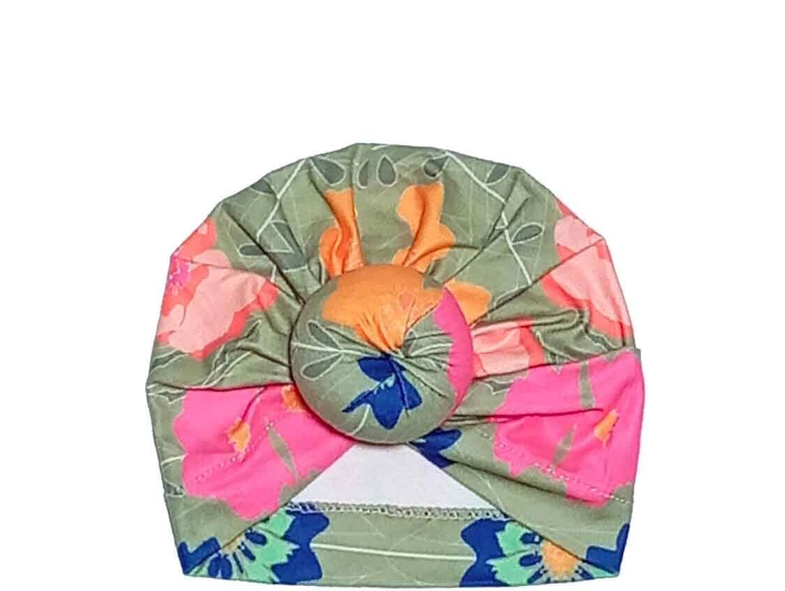 Multi Colours Flowers Cotton Turban Cap - Pista Green