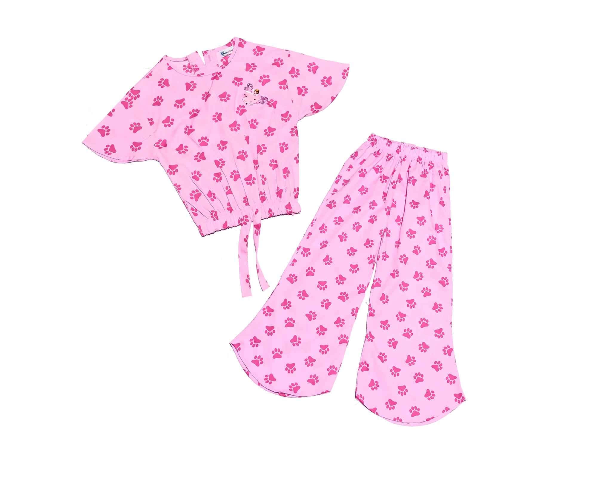 Paw Print Fish Cut Cotton Top & Trouser - BAby Pink 1