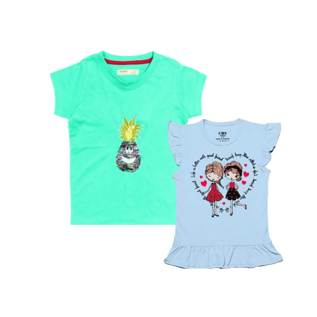 Pineapple Sequence Tee Shirts For Girls – Sea Green & Good Frinds Love Tee Shirt – Sky Blue