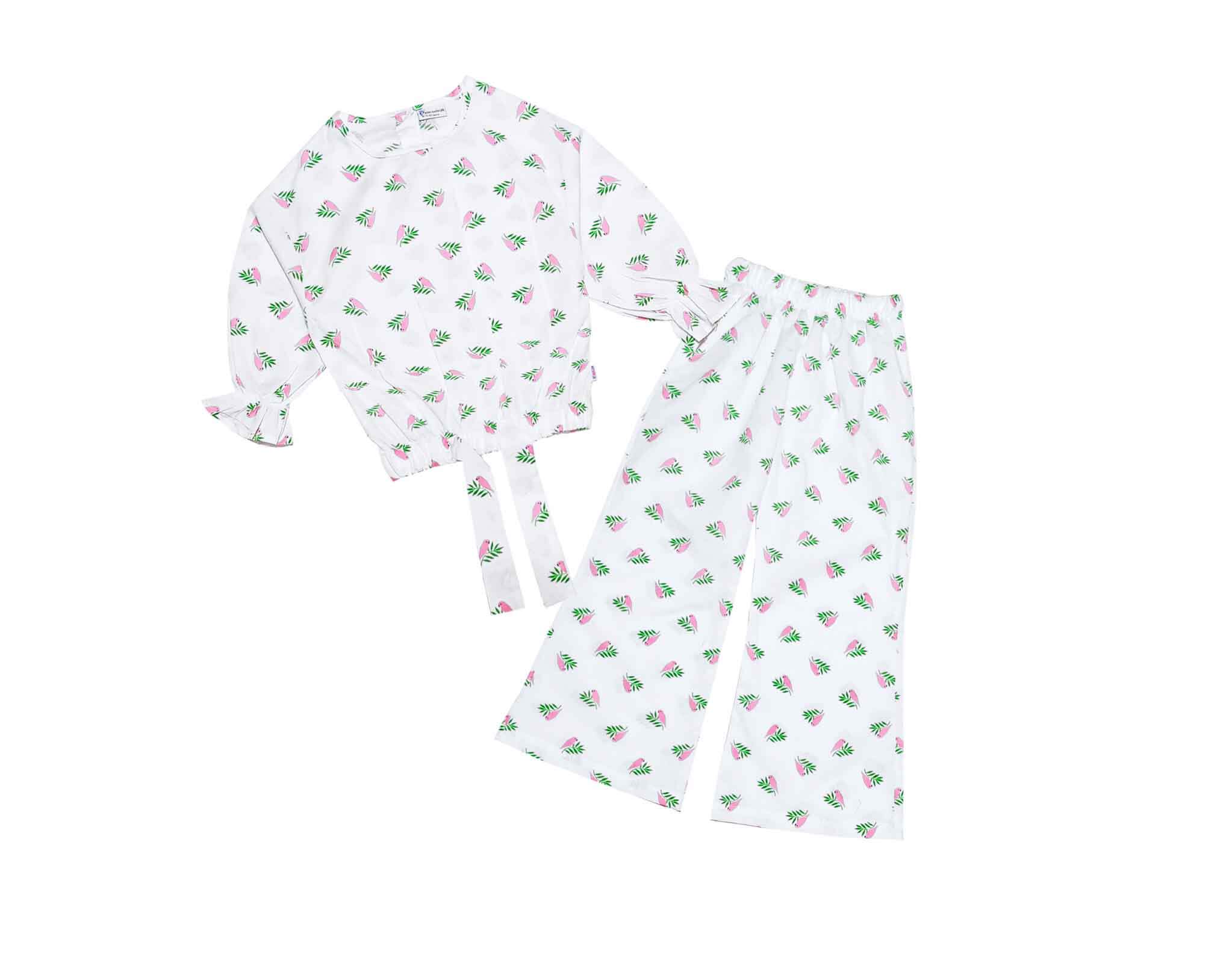 Pink Perrots Cotton Short Top with Bell Bottom Trouser - White 1