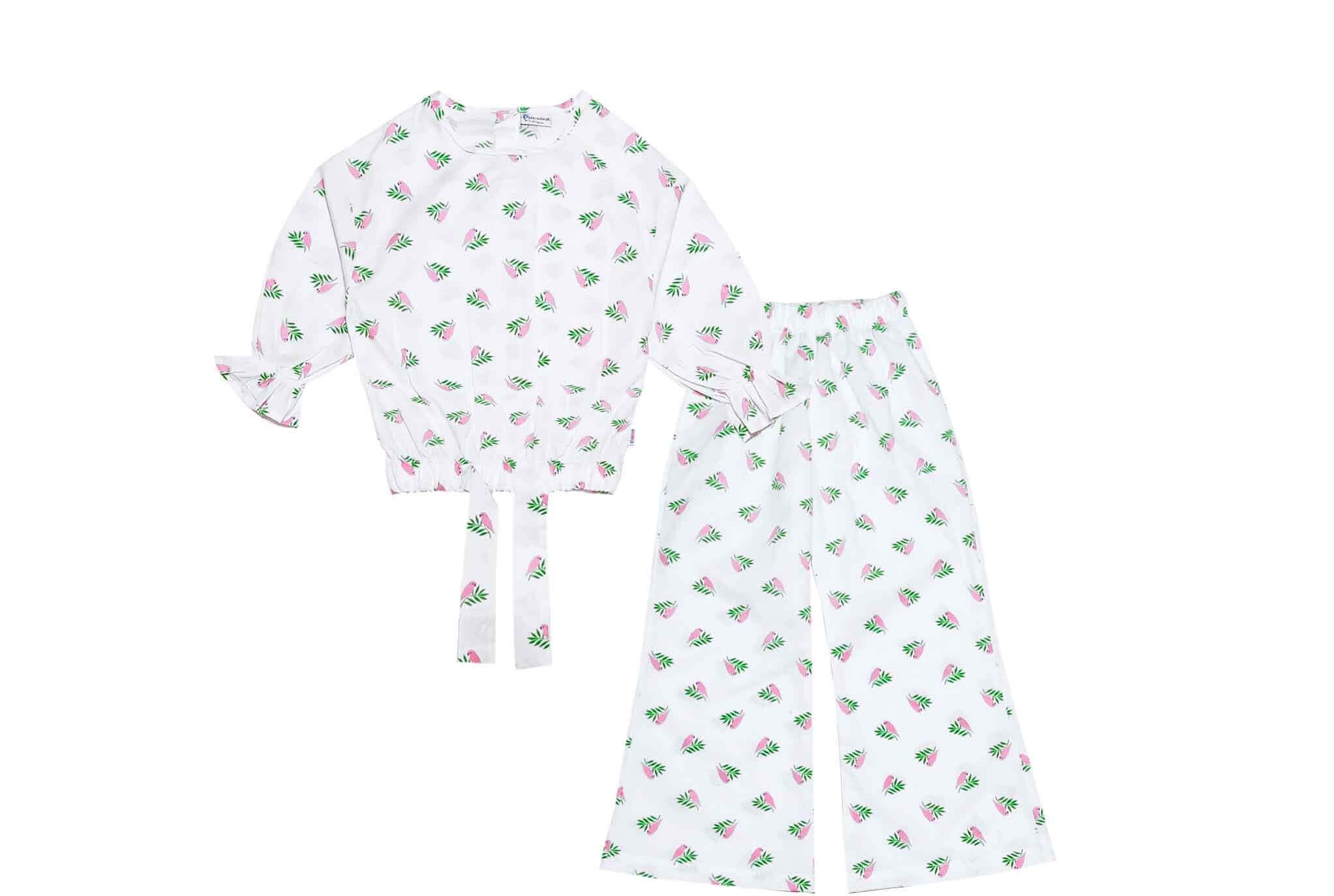 Pink Perrots Cotton Short Top with Bell Bottom Trouser - White