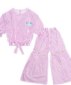 Pink Stripes Cotton Short Top with Gharrara - White