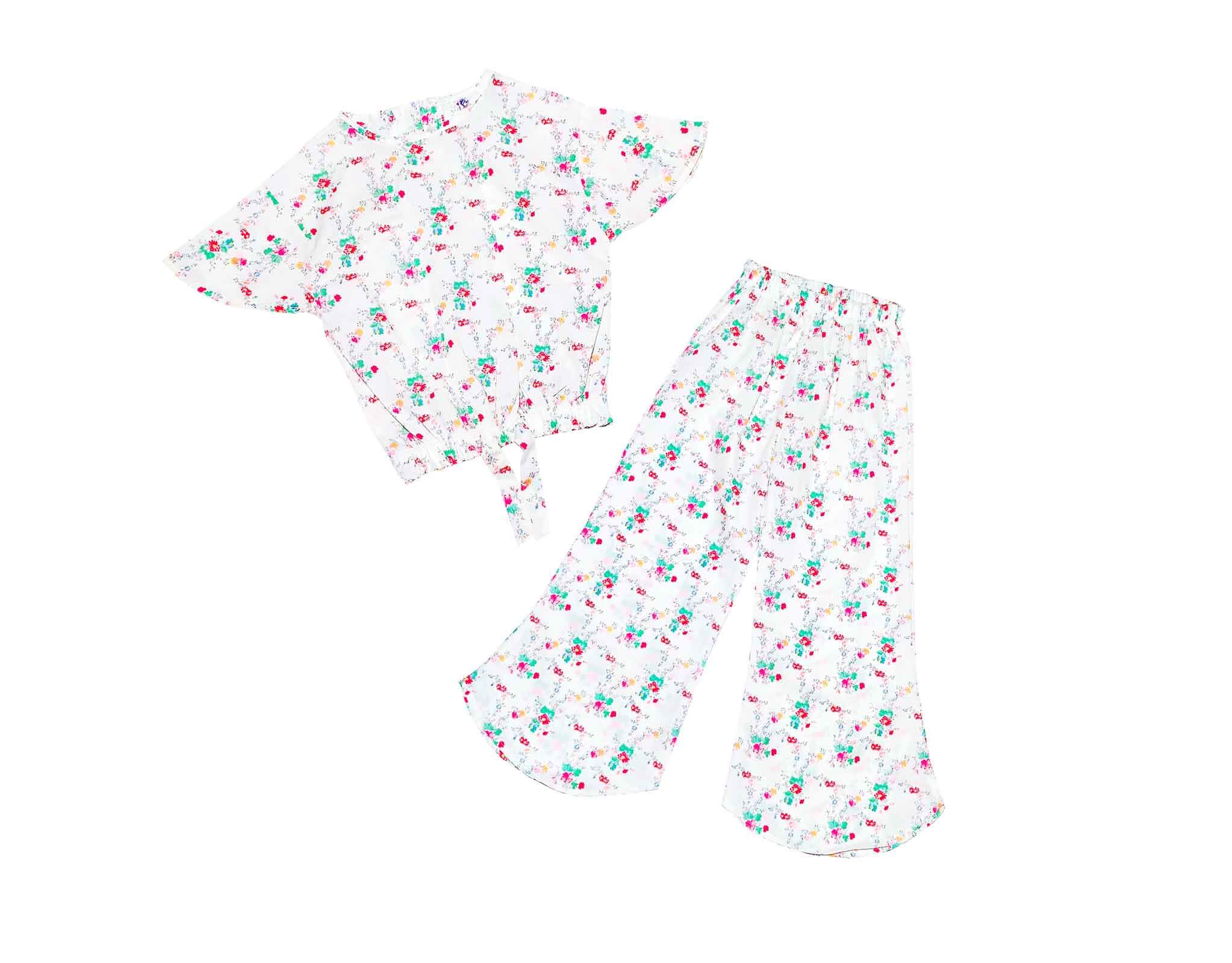 Pink green Florals Fish Cut Cotton Top & Trouser - White 1
