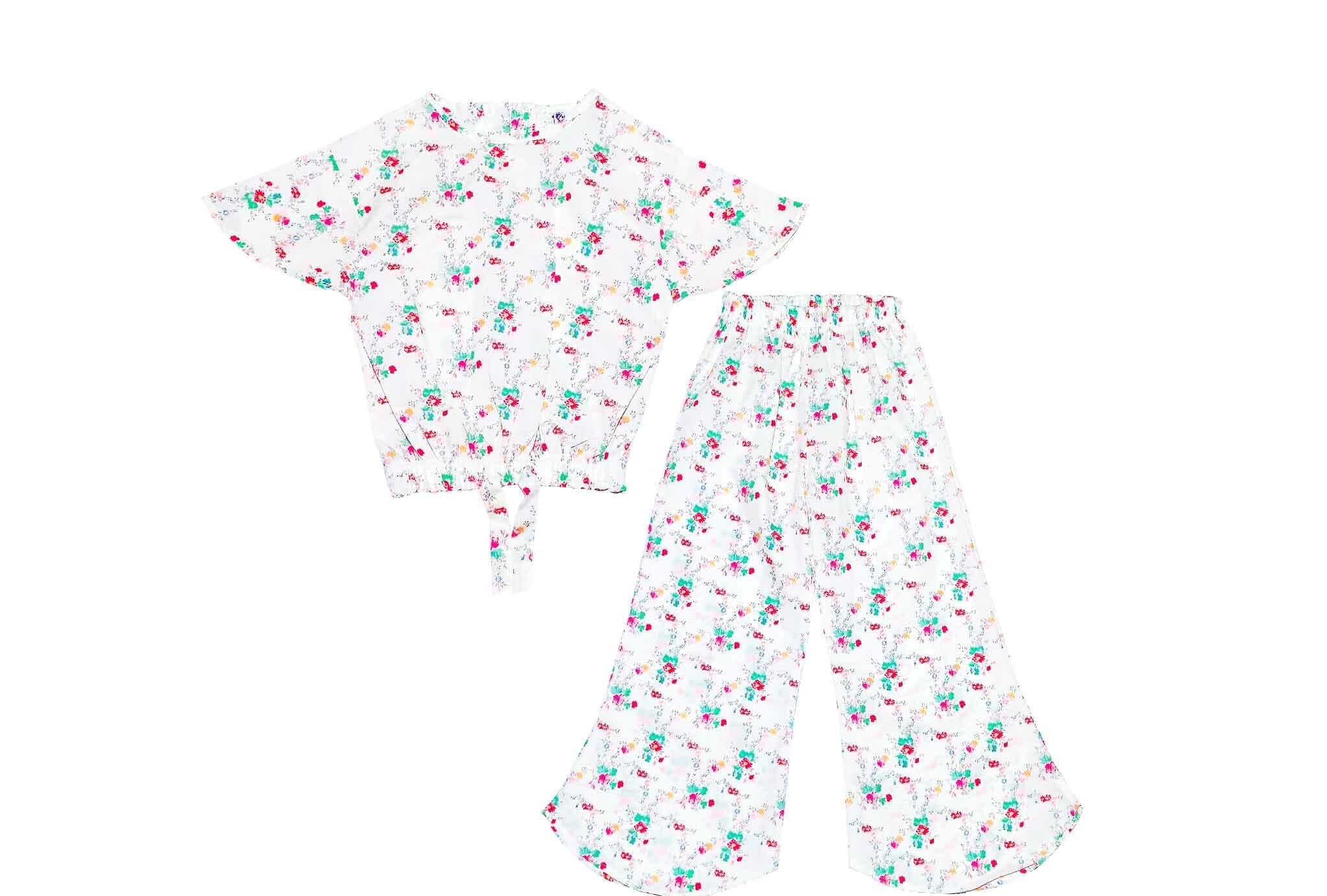 Pink green Florals Fish Cut Cotton Top & Trouser - White